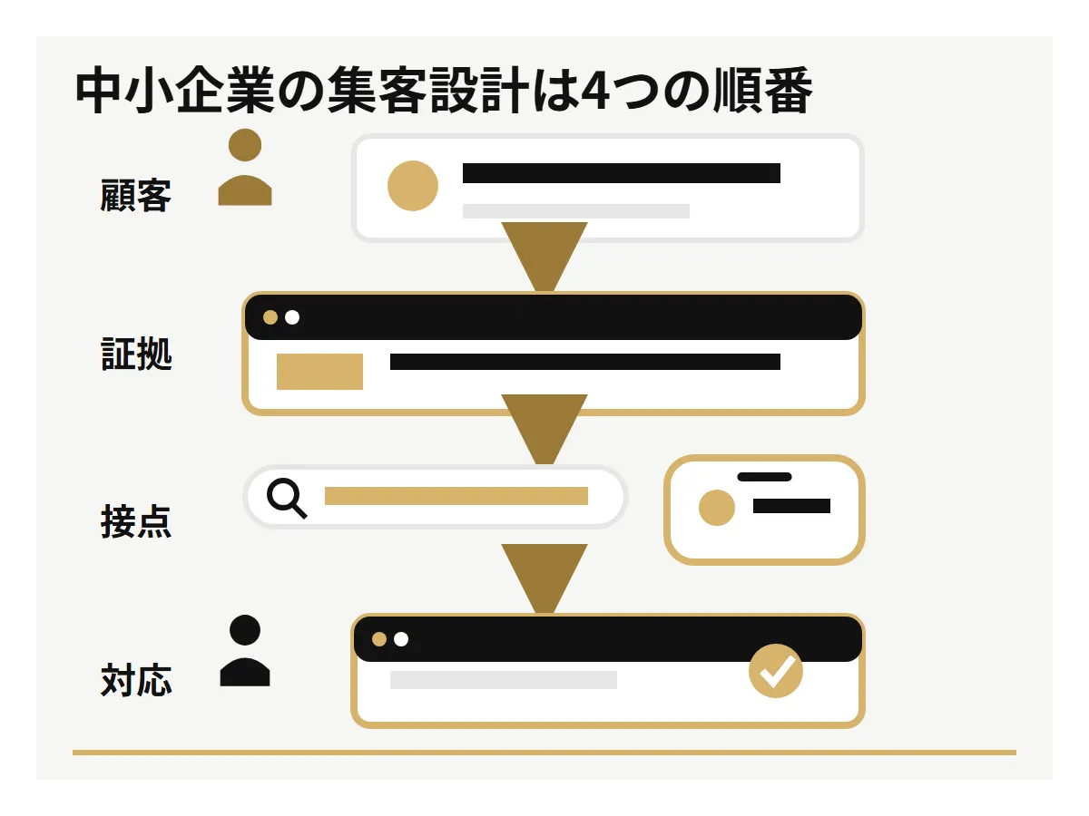 中小企業の集客を、顧客、見せる証拠、見つかる場所、問い合わせ対応の順で設計する流れ。
