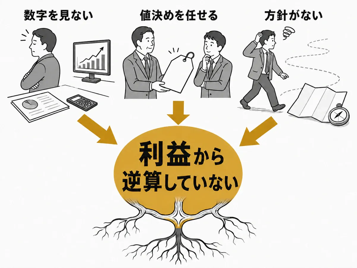 数字を見ない・値決めを任せる・方針がないという特徴が利益から逆算していない原因に集約される図解