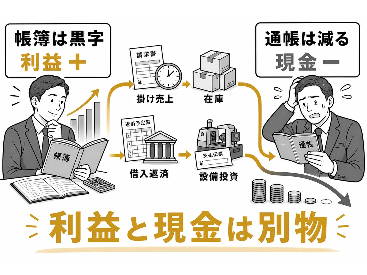 帳簿上は黒字でも掛け売上や在庫などで通帳の現金が減る仕組みを示す図解
