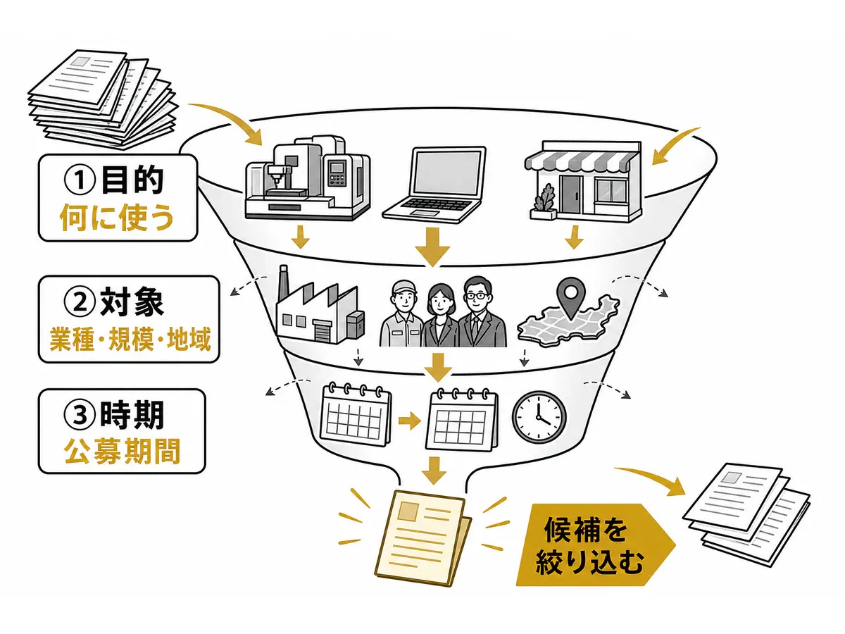 目的・対象・時期の3軸で中小企業向け補助金の候補を絞り込むファネル図