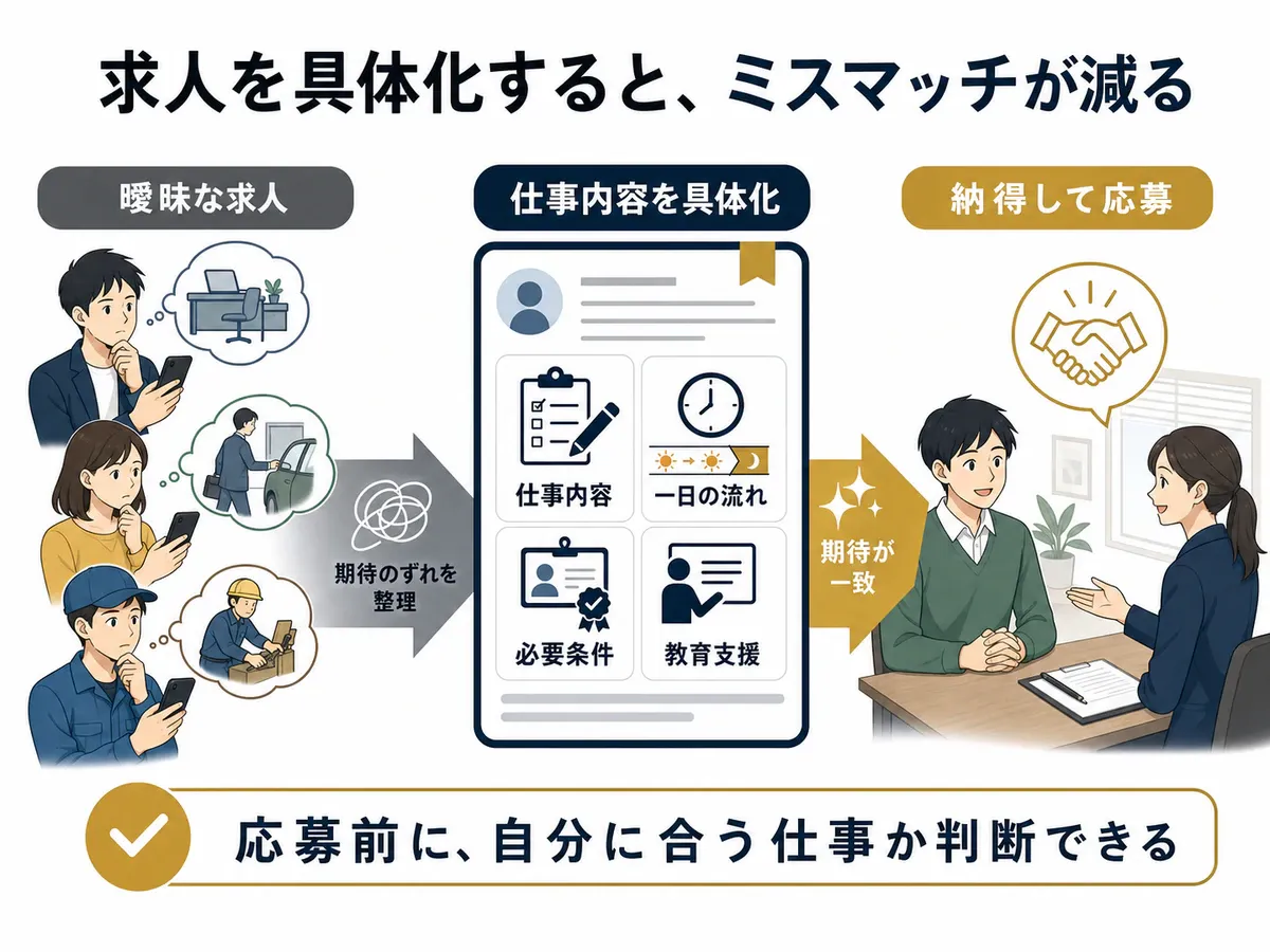 曖昧な求人では応募者の期待が分かれ、仕事内容を具体化すると応募前に適性を判断できる流れ