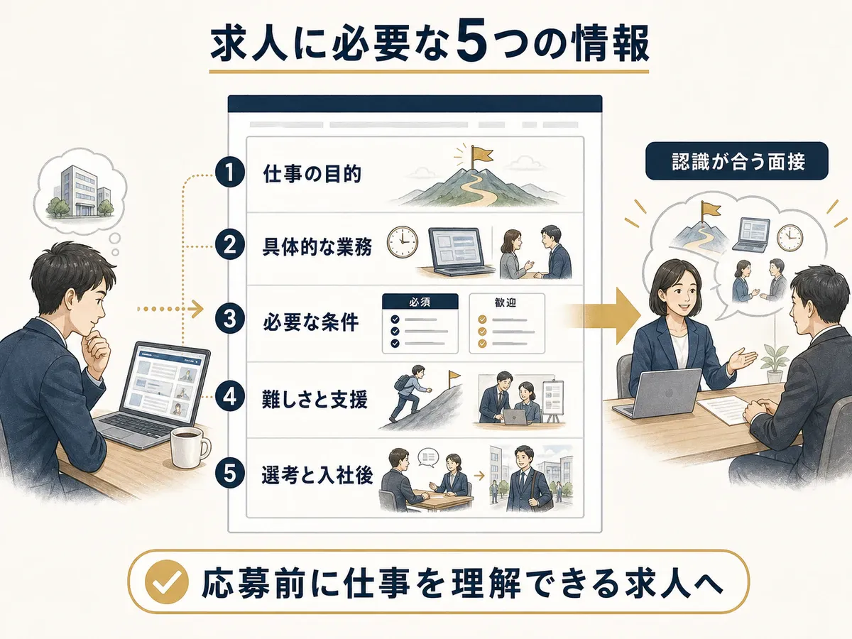 仕事の目的、具体的な業務、必要な条件、難しさと支援、選考と入社後を求人に示す構成