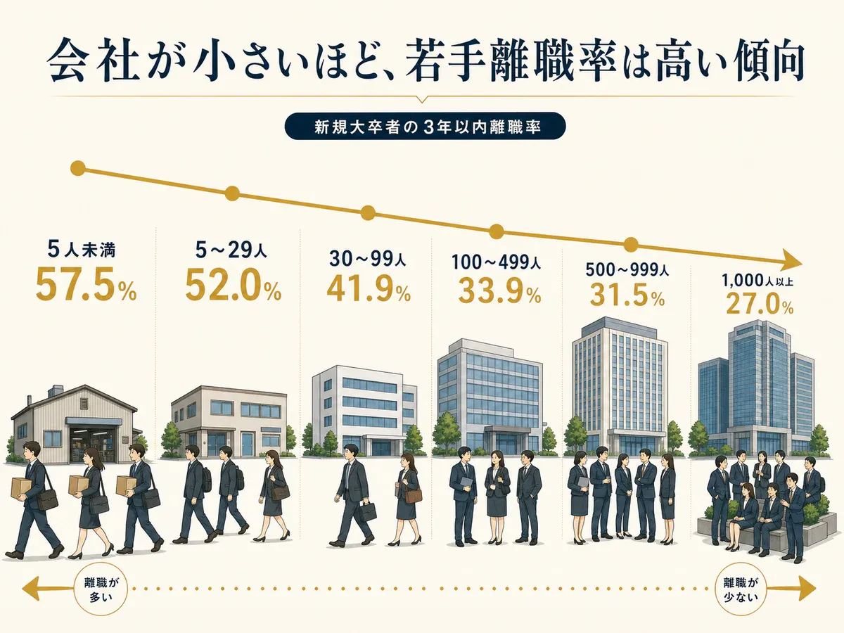会社規模が小さいほど新規大卒者の3年以内離職率が高い傾向を、企業規模と若手社員で示した図解