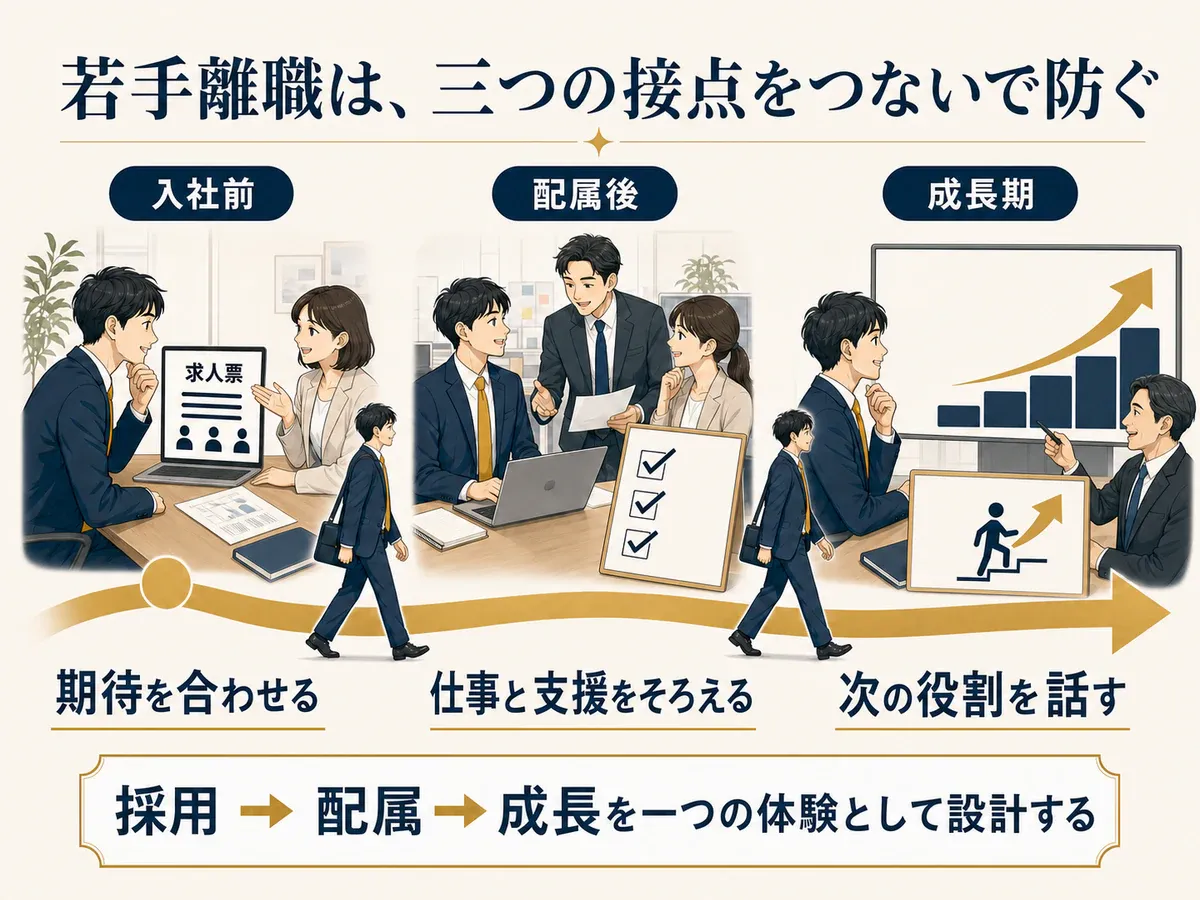 入社前、配属後、成長期の三つの接点を一人の若手社員の体験としてつなぐ図解