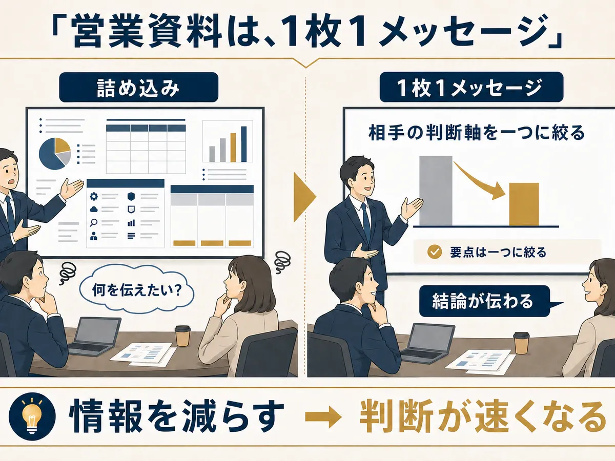 情報を詰め込んだ営業資料と一枚一メッセージに絞った営業資料を商談場面で比較した図解