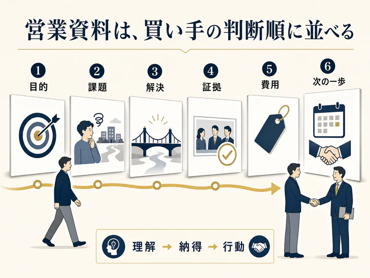 営業資料を目的、課題、解決、証拠、費用、次の一歩という買い手の判断順に並べた図解