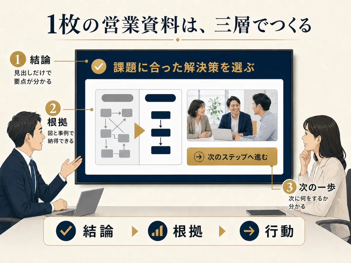 一枚の営業資料を結論、根拠、次の一歩の三層で構成する完成スライドの図解