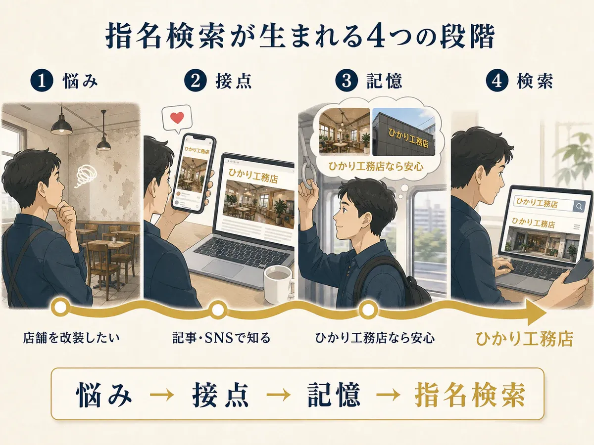 顧客の悩みから記事やSNSとの接点、会社名の記憶、指名検索へ進む四段階を人物の行動で示した図解