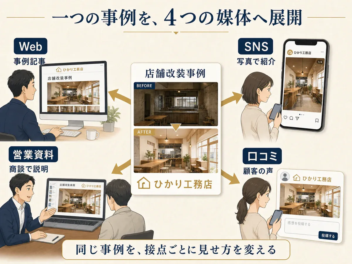 一つの店舗改装事例をWeb、SNS、営業資料、口コミの四媒体へ展開する方法を示した図解