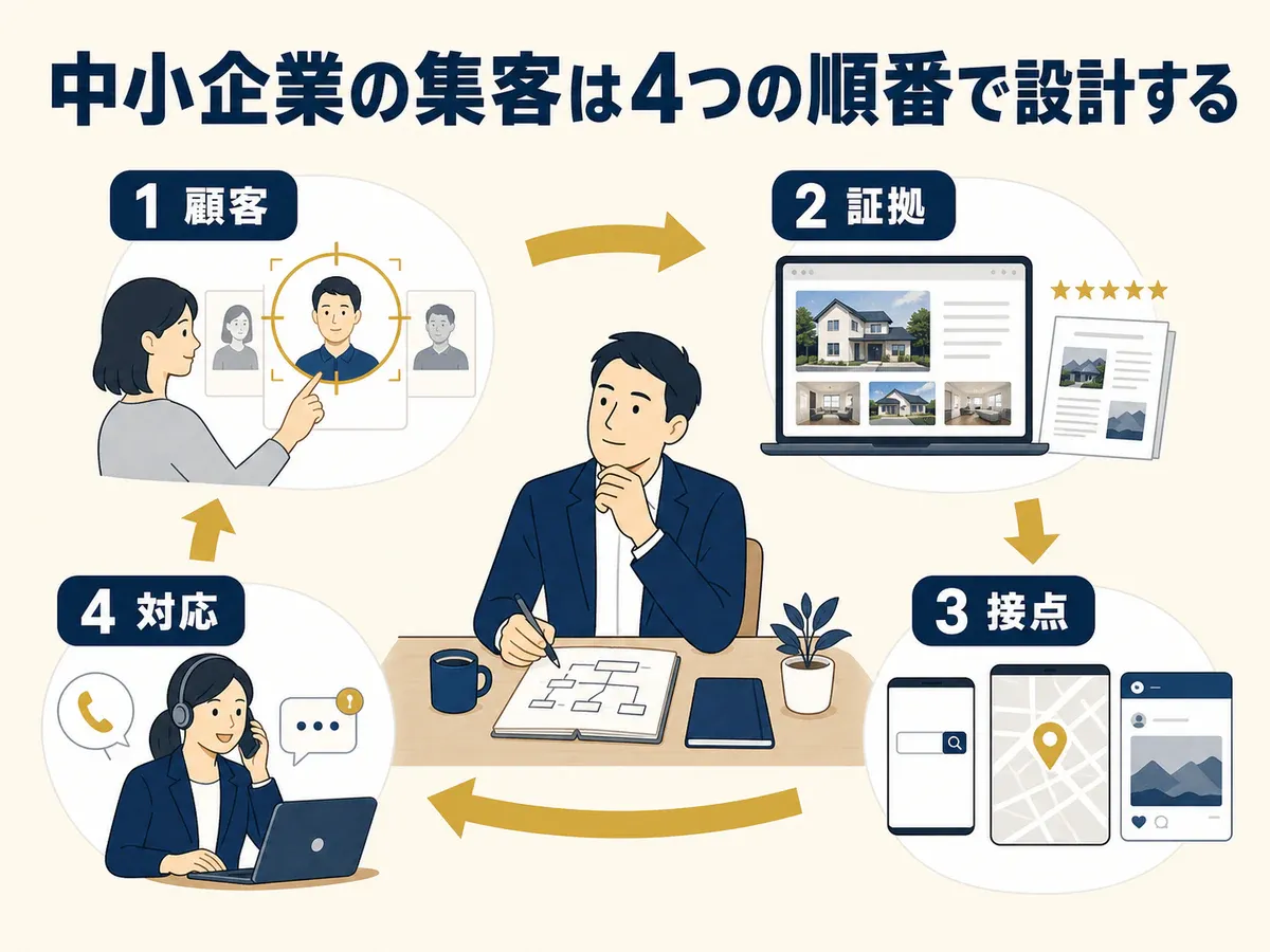 中小企業の集客を、顧客、証拠、接点、対応の4つの順番で設計する流れを人物と画面で示した図解