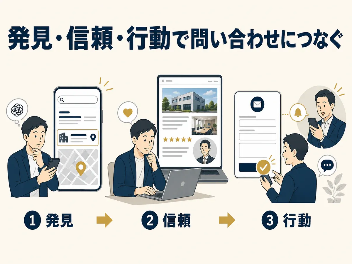見込み客が検索で会社を発見し、事例や口コミで信頼し、問い合わせるまでの行動を示した図解