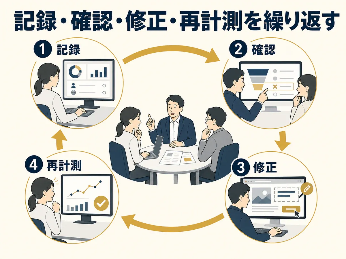 集客データの記録、確認、ページ修正、再計測を担当者が繰り返す改善サイクルを示した図解