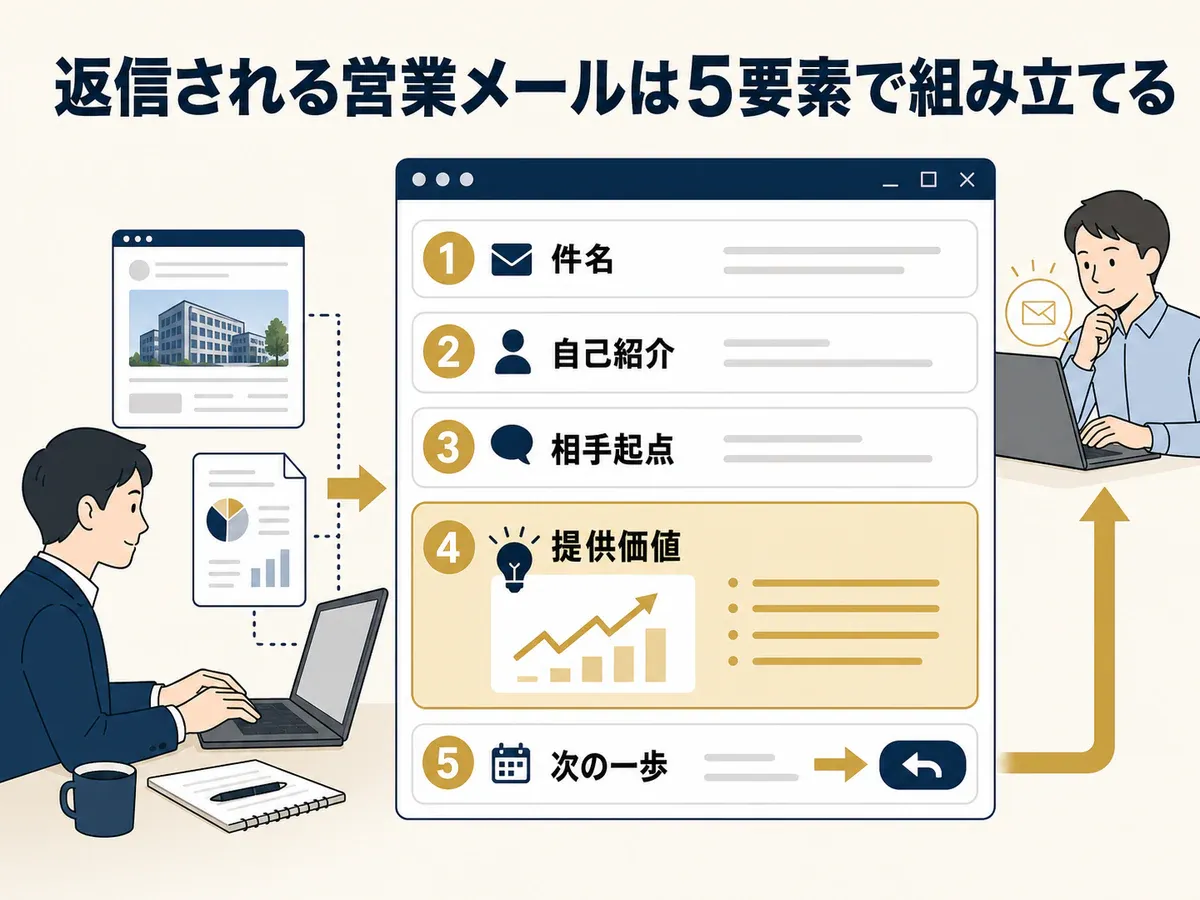 返信される営業メールを、件名、自己紹介、相手起点、提供価値、次の一歩の5要素で組み立てる図解