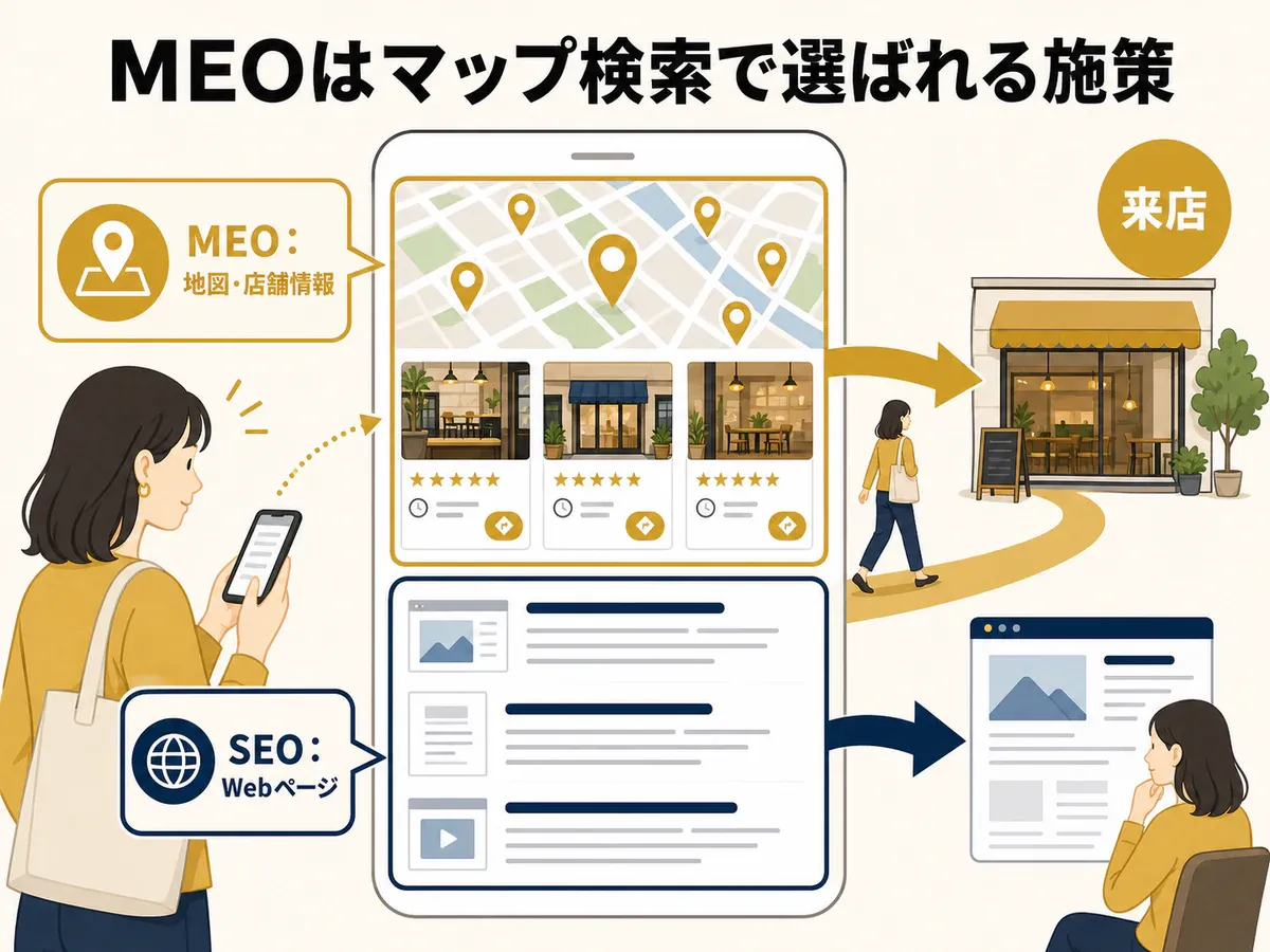 MEOが地図と店舗情報から来店につなげ、SEOがWebページで情報収集につなげる違いを示した図解