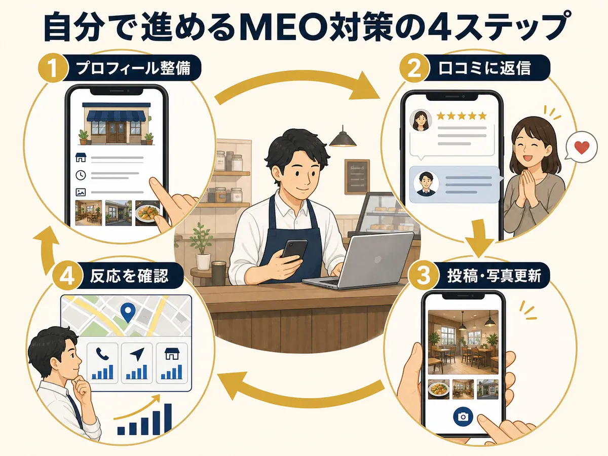店舗オーナーがプロフィール整備、口コミ返信、投稿と写真更新、反応確認を繰り返すMEO対策の4ステップ図解