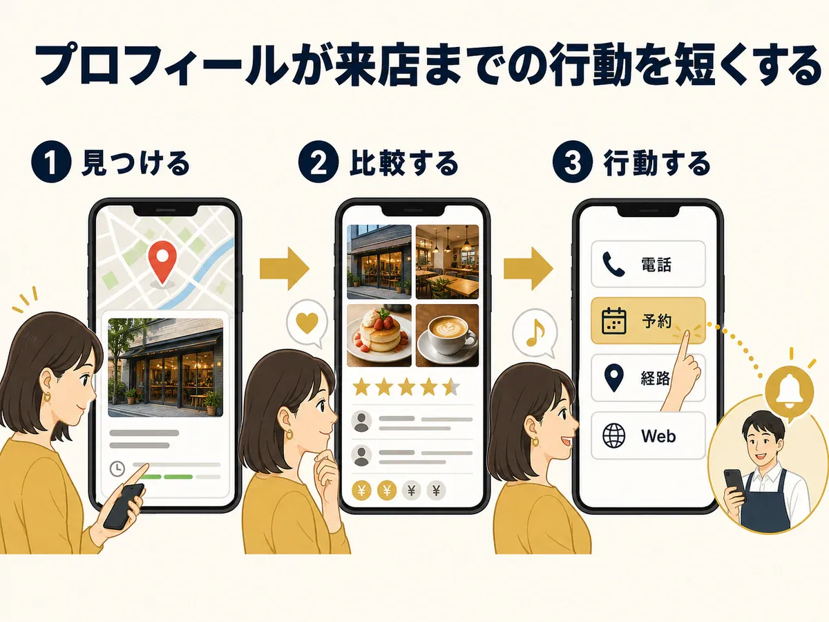 利用者が地域検索で店舗を見つけ、写真や口コミを比較し、電話、予約、経路、Webサイトへ進む流れの図解