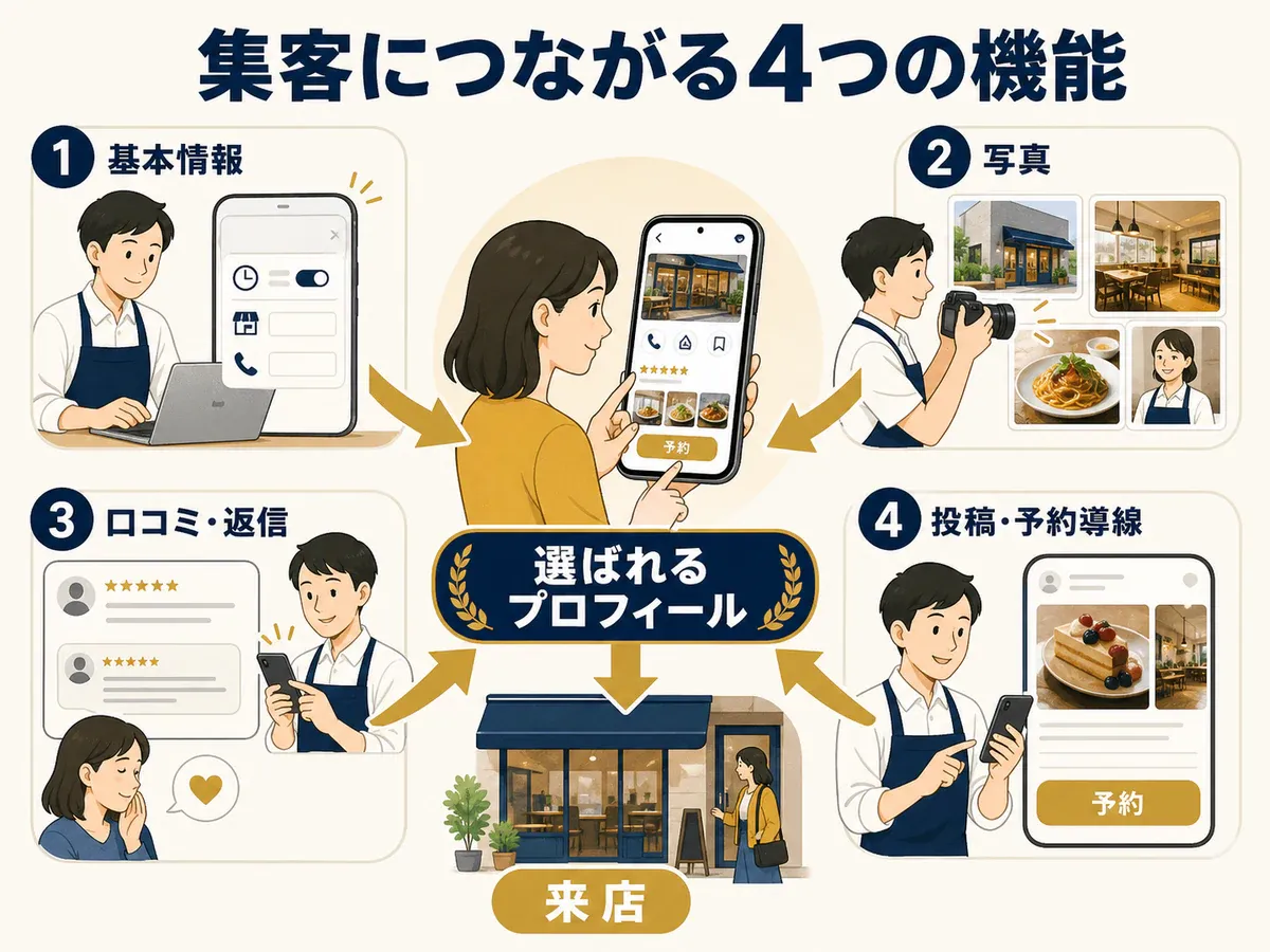 基本情報、写真、口コミ返信、投稿と予約導線の4機能が選ばれるプロフィールと来店を支える図解
