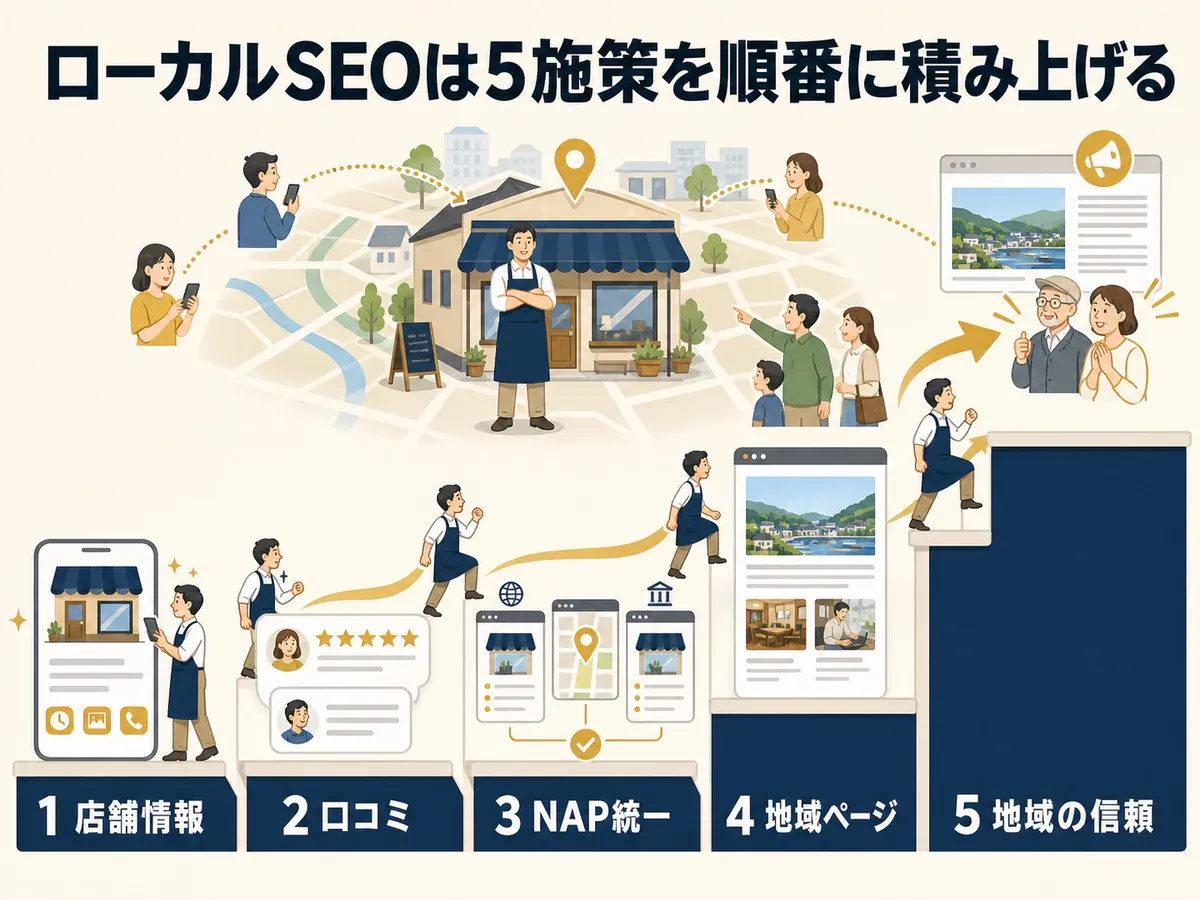 店舗情報、口コミ、NAP統一、地域ページ、地域の信頼を順番に積み上げるローカルSEO5施策の図解
