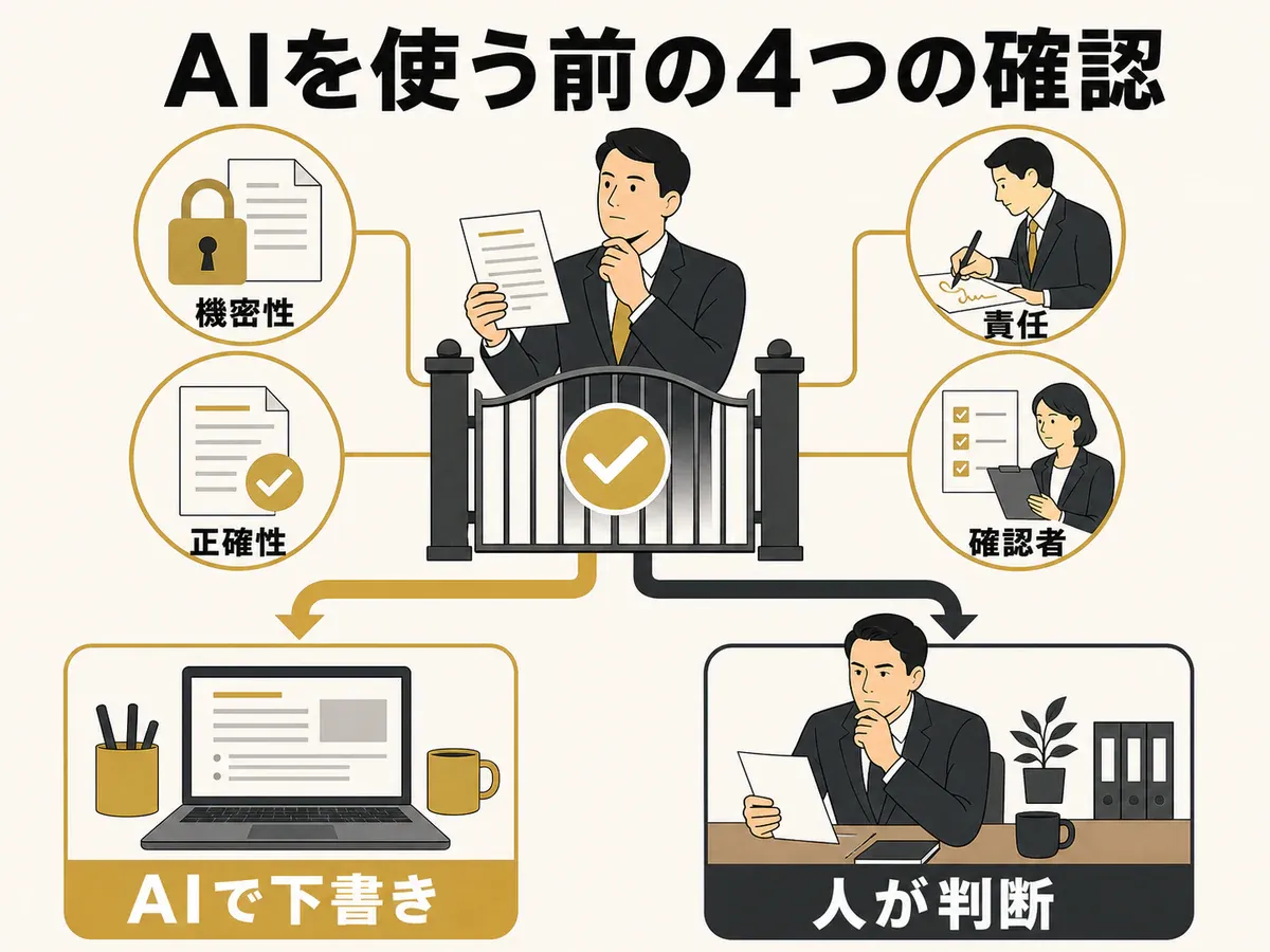 機密性・正確性・責任・確認者の4点からAI利用と人の判断を分ける図解