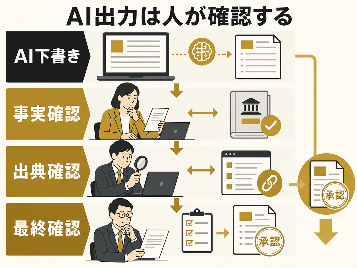 生成AIの下書きを事実・出典・最終確認の順で人が確認する業務フローの図解