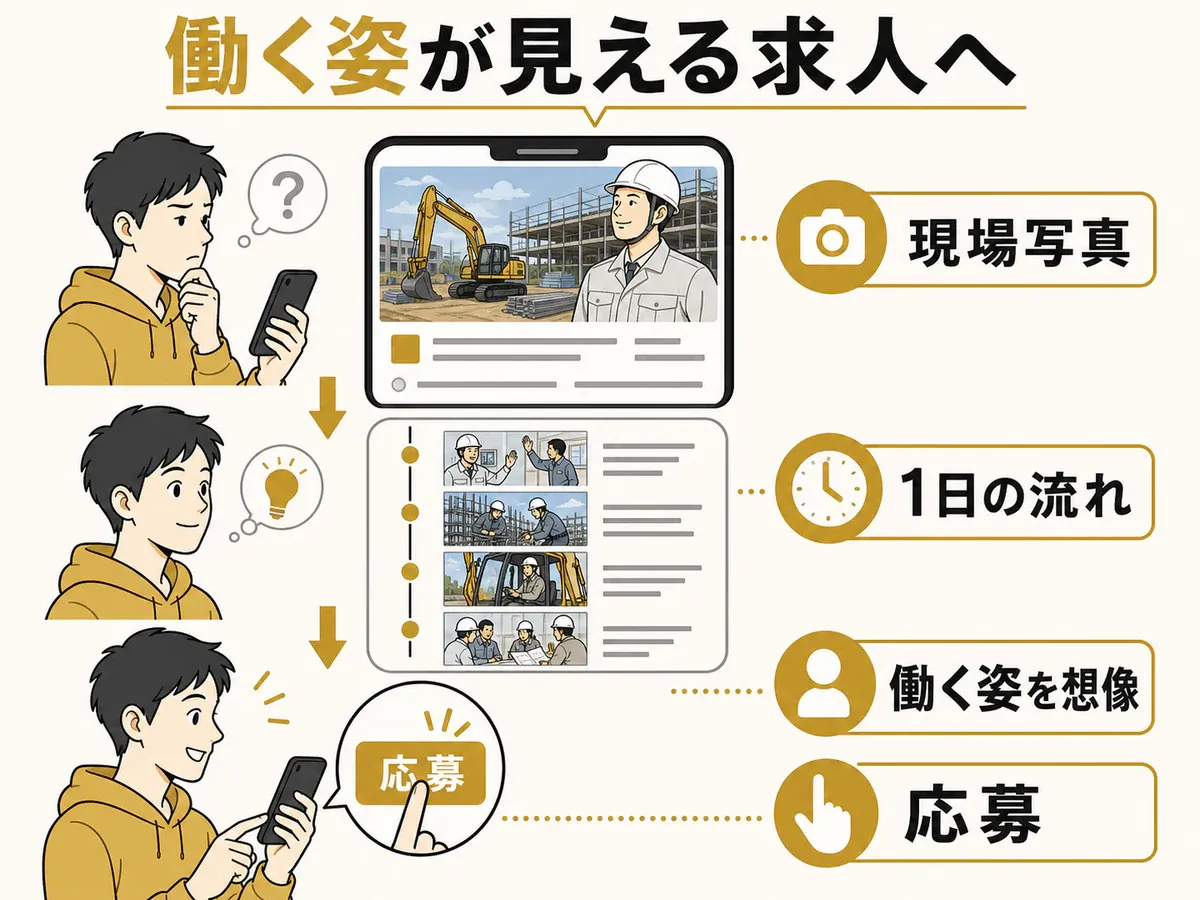 建設業の求人で現場写真と1日の流れを見せ、求職者が働く姿を想像して応募する流れの図解