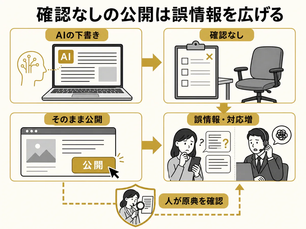 AIの下書きを確認せず公開すると誤情報と対応が増え、人が原典確認すると防げる流れの図解