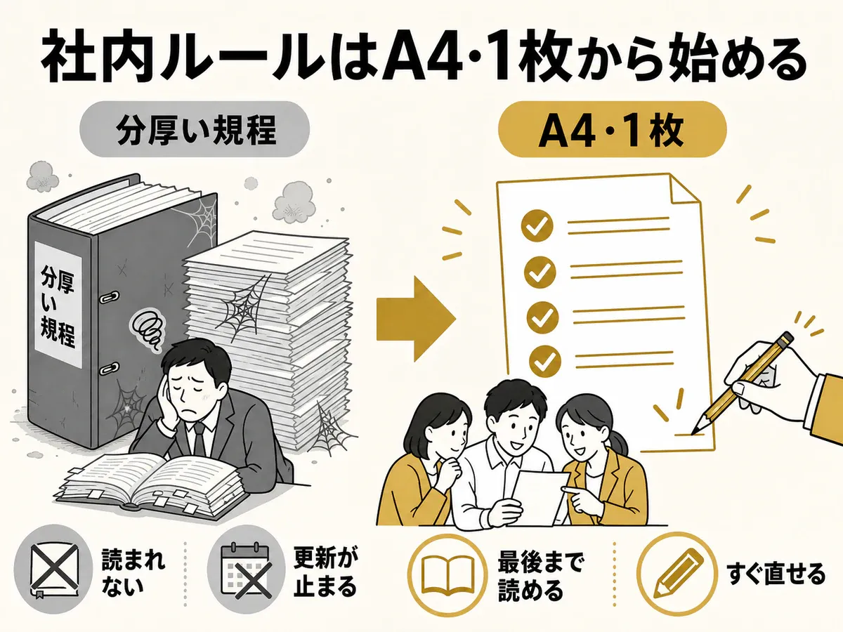 分厚い規程は読まれず更新が止まり、A4一枚なら最後まで読めてすぐ直せることを示す図解
