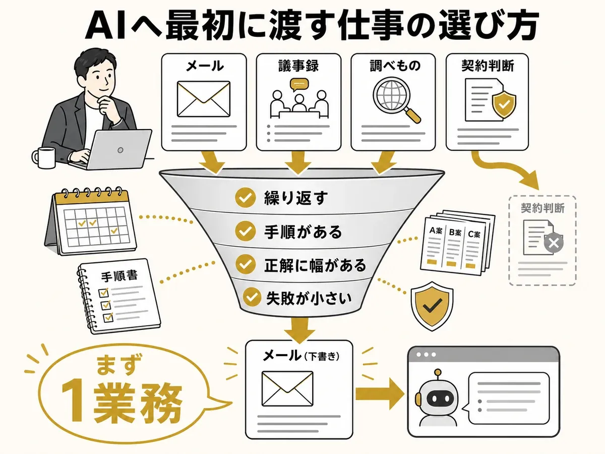 一人社長がAIへ最初に渡す仕事を4つの基準で選び、1業務に絞る流れ