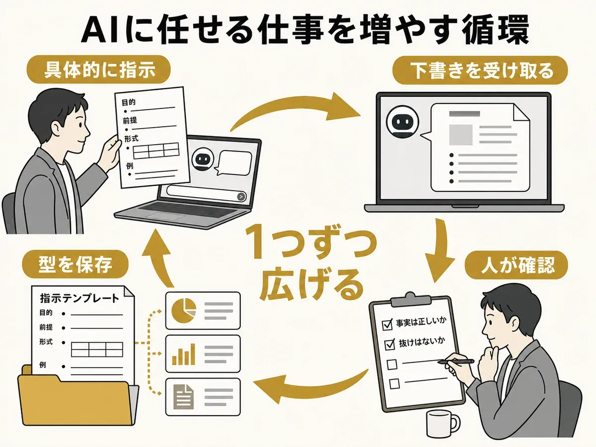 AIへ具体的に指示し、人が確認して型を保存し、任せる仕事を増やす循環
