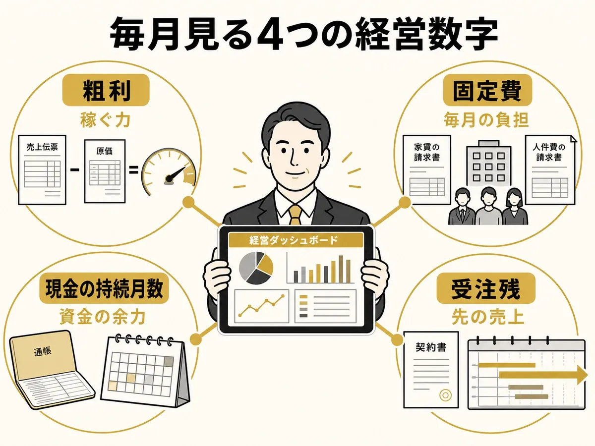 粗利、固定費、現金の持続月数、受注残という毎月見る4つの経営数字