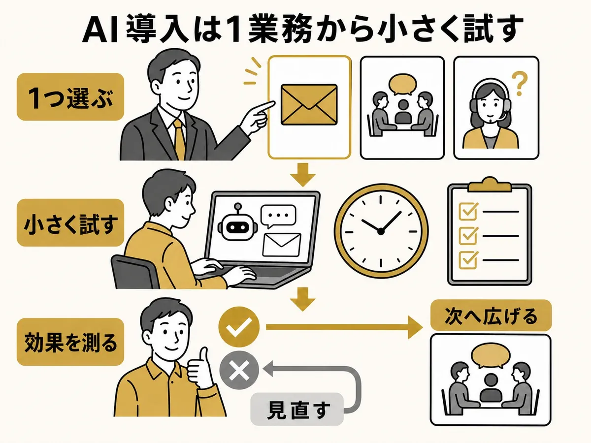 中小企業がAIを1業務から小さく試し、効果を測って次の業務へ広げる流れ