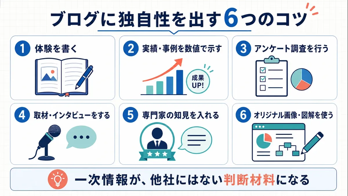 ブログに独自性を出す6つのコツをまとめた図解