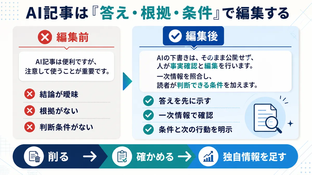 AI記事の編集前と編集後における答え・根拠・条件の違い