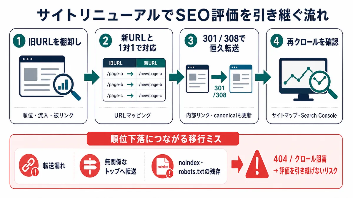 サイトリニューアルでSEO評価を引き継ぐ流れ