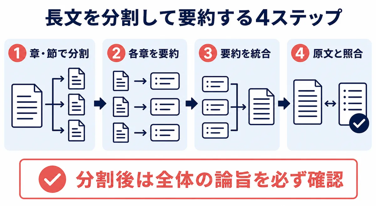 長文を分割してAIで要約する4ステップの図解