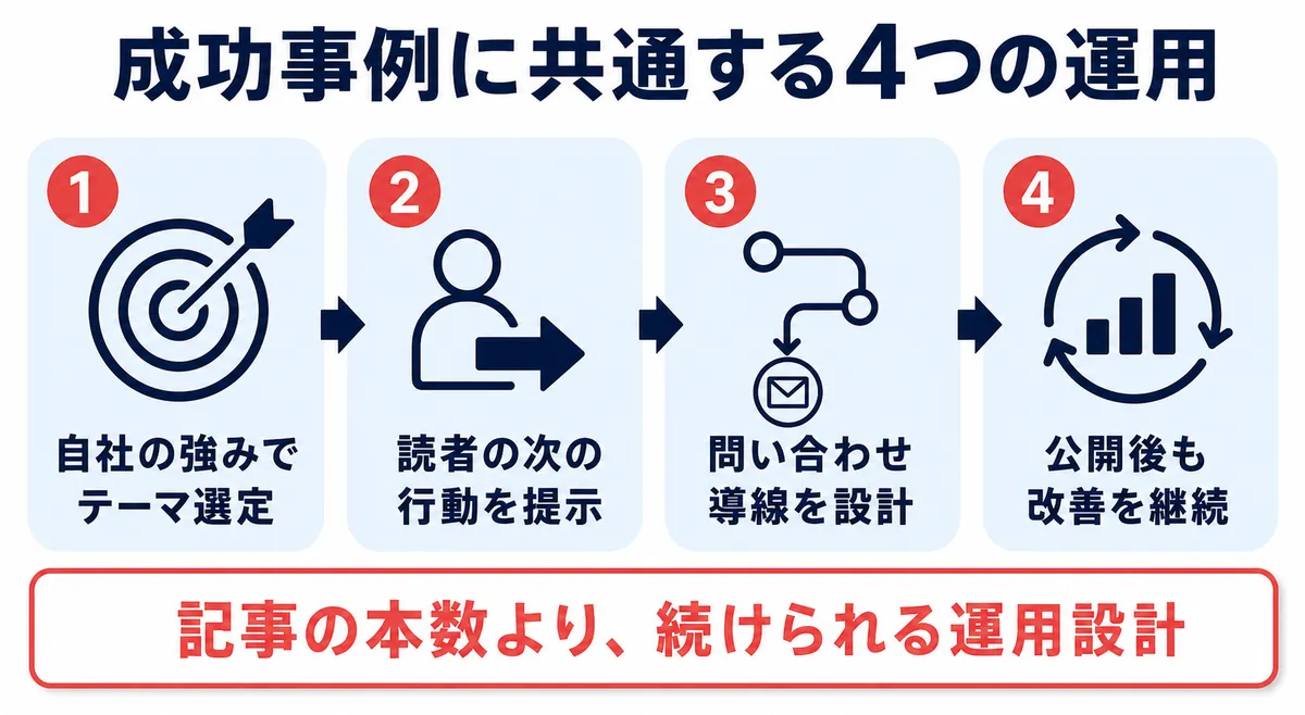 オウンドメディア成功事例に共通する4つの運用を整理した図解