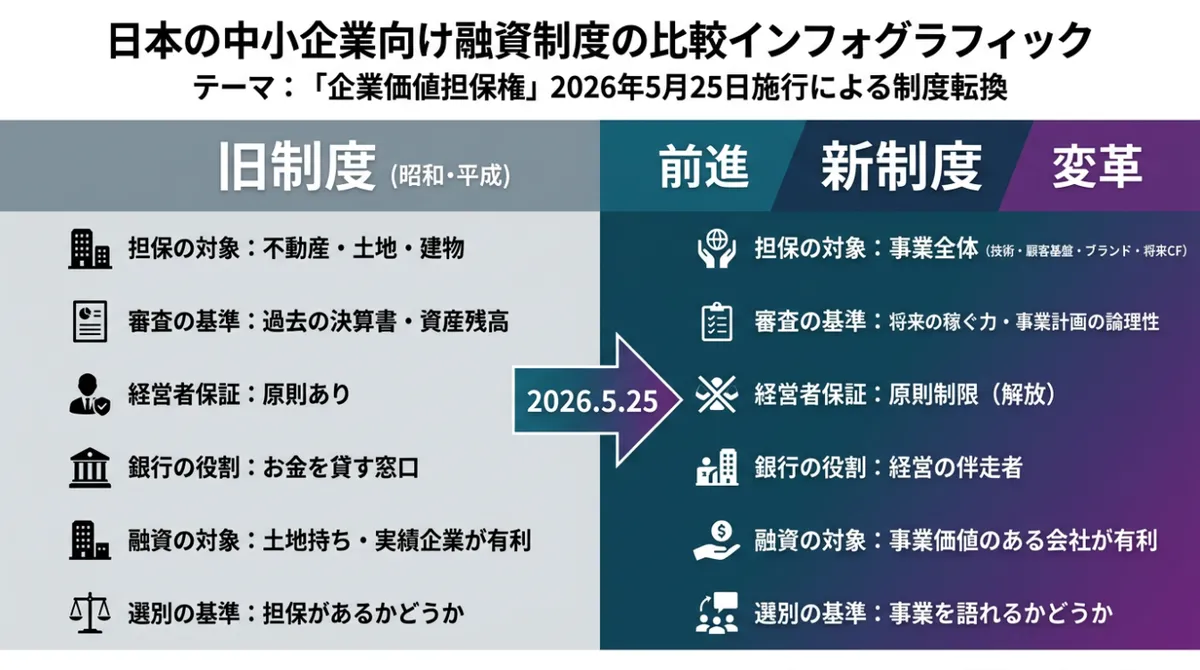 企業価値担保権2026年5月25日施行による融資制度の比較：旧制度（不動産担保・経営者保証）から新制度（事業全体の価値・将来キャッシュフロー評価）への転換を示す比較表