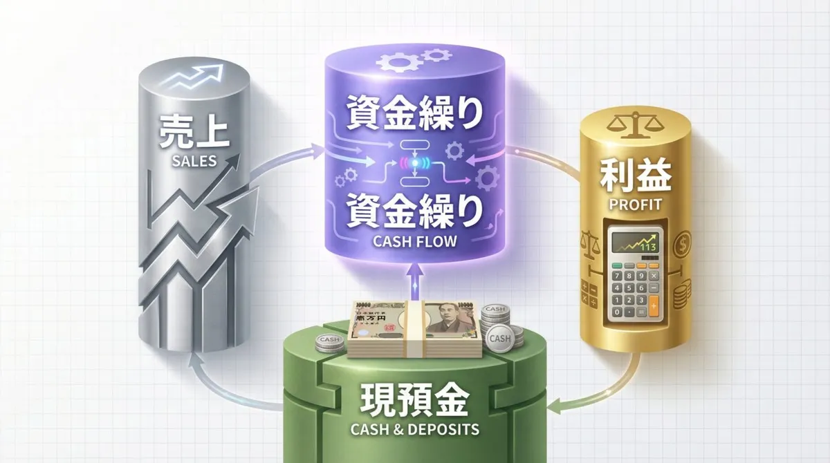 売上・利益・現預金・資金繰りの4つの財務指標の本当の関係を示すインフォグラフィック、資金繰りが最も重要な中心柱として強調表示