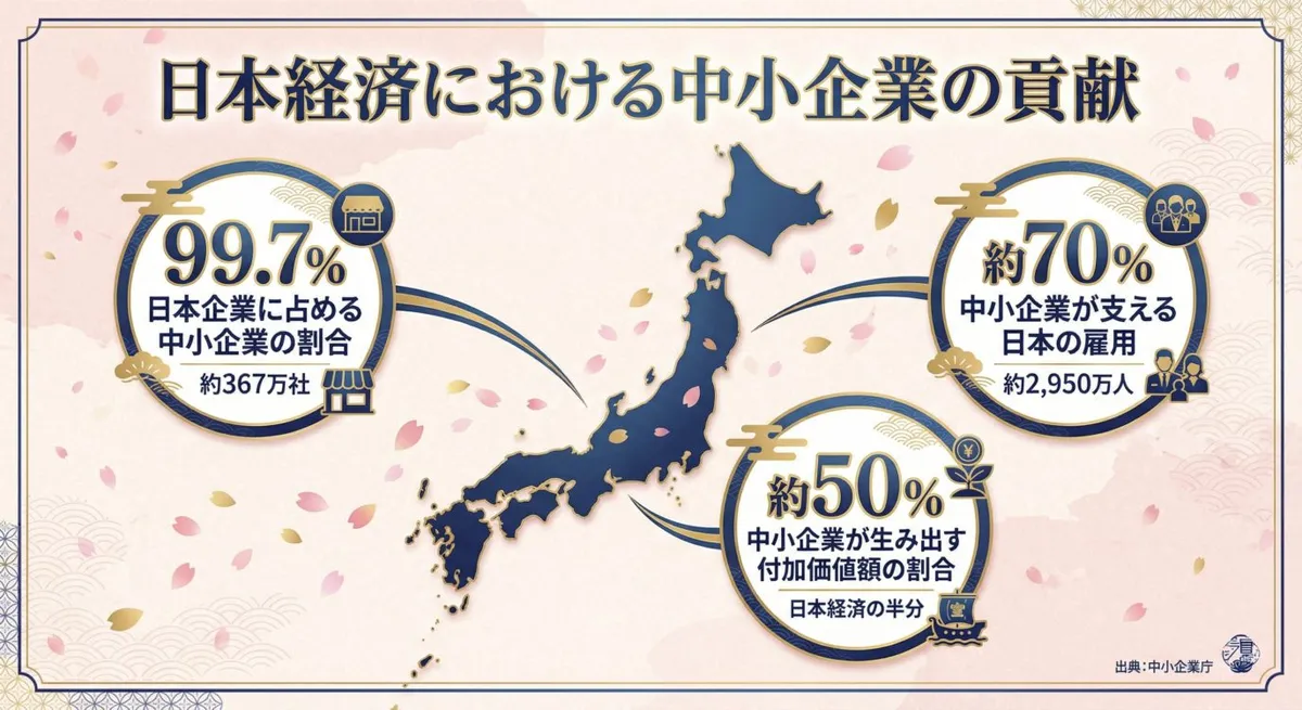 中小企業が日本経済に果たす役割:全企業の99.7%、雇用の70%、付加価値額の50%を支える中小企業の重要性を示すインフォグラフィック