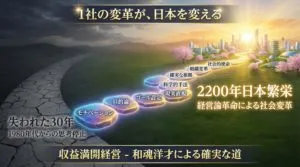 失われた30年から2200年日本繁栄への変革ジャーニーを示す図。左側に「失われた30年」の停滞、中央に経営論革命8つの本質を示す8つの踏み石で構成される上昇の道、右側に「2200年日本繁栄」の目標を配置。個社変革から社会変革への確実な道筋を視覚化。