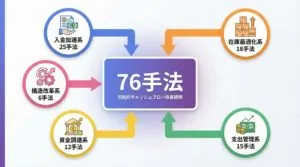 資金繰り改善76手法の5カテゴリー構成図：入金加速系25手法、在庫最適化系18手法、支出管理系15手法、資金調達系12手法、構造改革系6手法