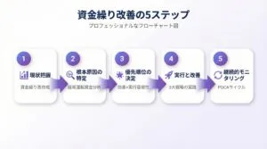 資金繰り改善の5ステップを示すフローチャート:現状把握から根本原因特定、優先順位決定、実行改善、継続的モニタリングまでの全体フローを視覚化
