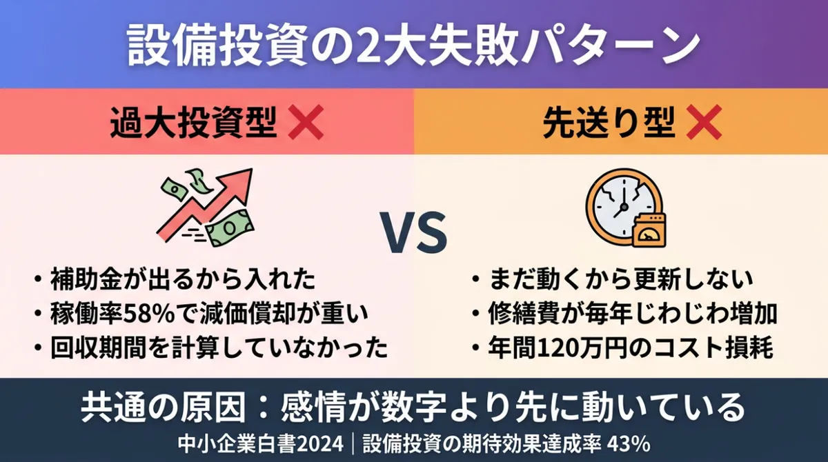 設備投資の2大失敗パターン｜過大投資型と先送り型の対比図（中小企業白書2024）