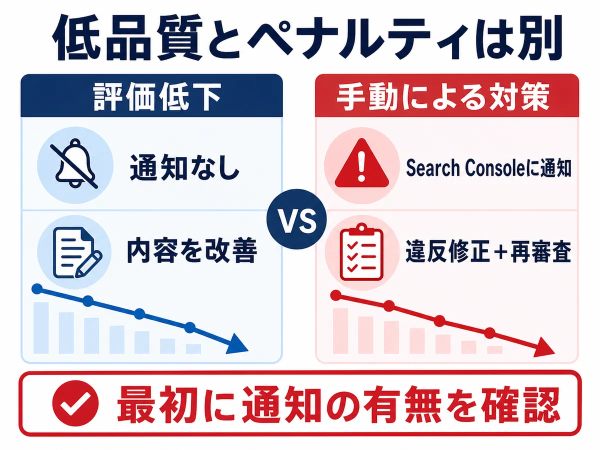 低品質コンテンツによる評価低下と手動による対策の違い