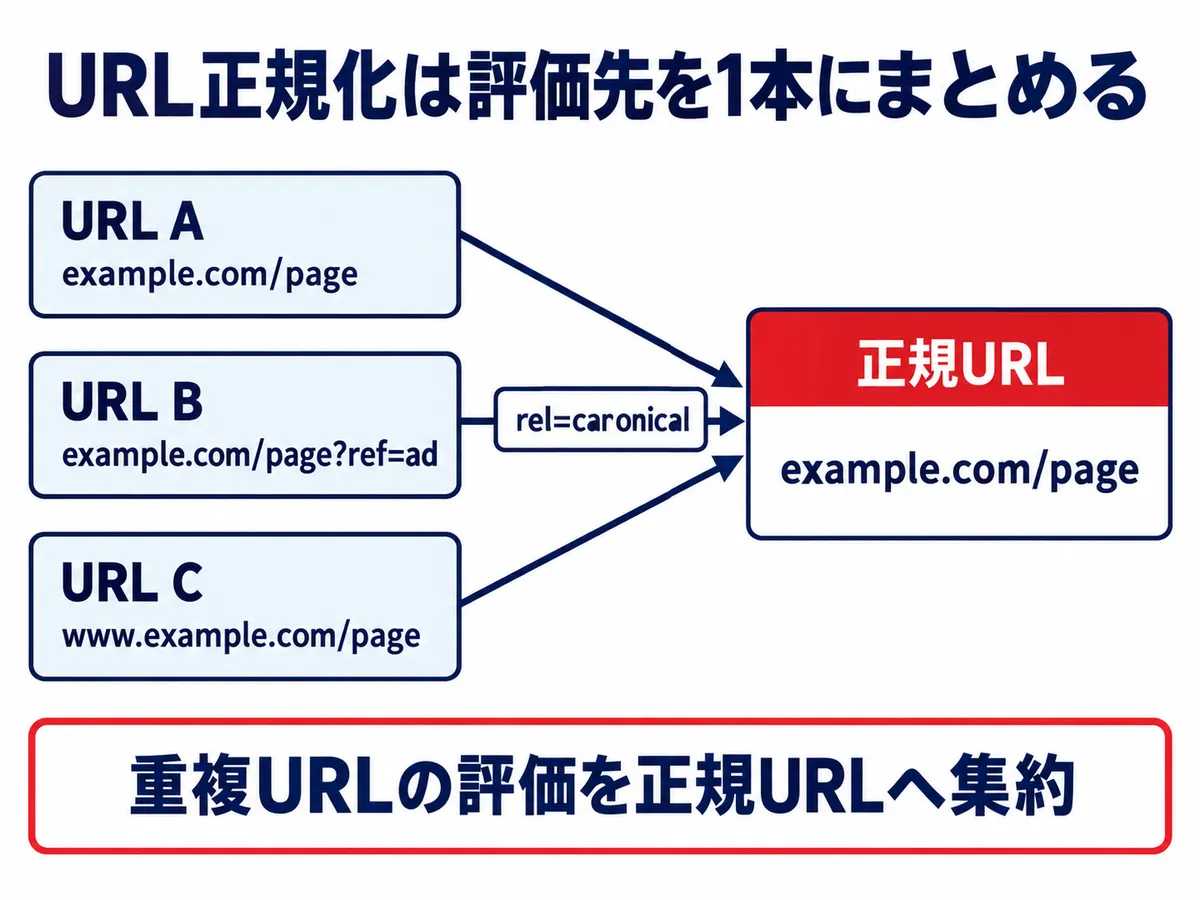 複数の重複URLから正規URLへ評価を集約するURL正規化の仕組み