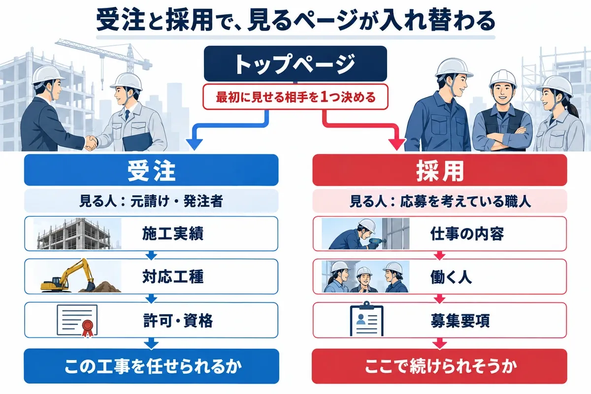 建設業の受注と採用で見るページが入れ替わる構成