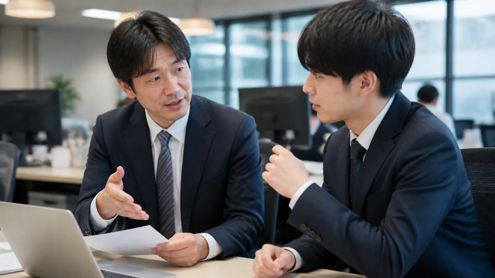 入社3ヶ月の新人へ上司が業務を説明する様子
