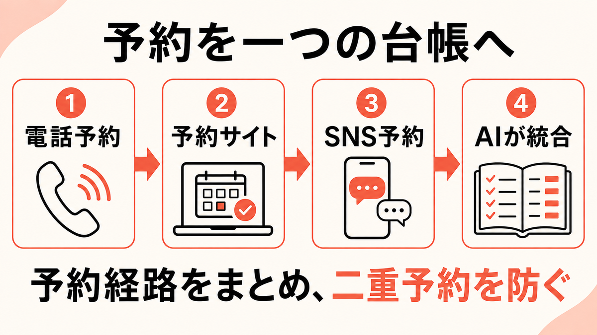 美容室の複数の予約経路を一つの台帳へまとめる流れを示す図解