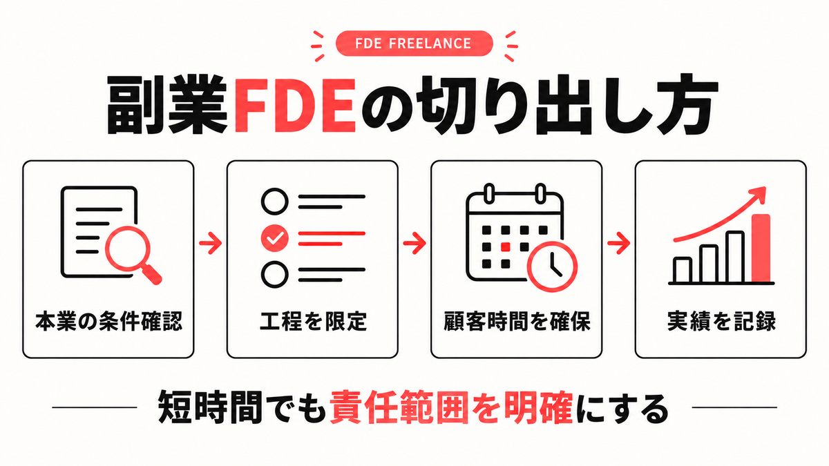 副業FDEの本業条件確認から実績記録までの切り出し方を示した図解
