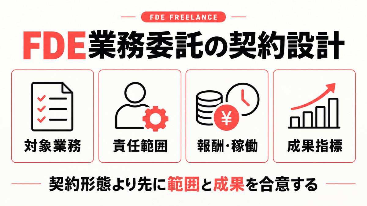 FDE業務委託で対象業務・責任範囲・報酬稼働・成果指標を決める図解